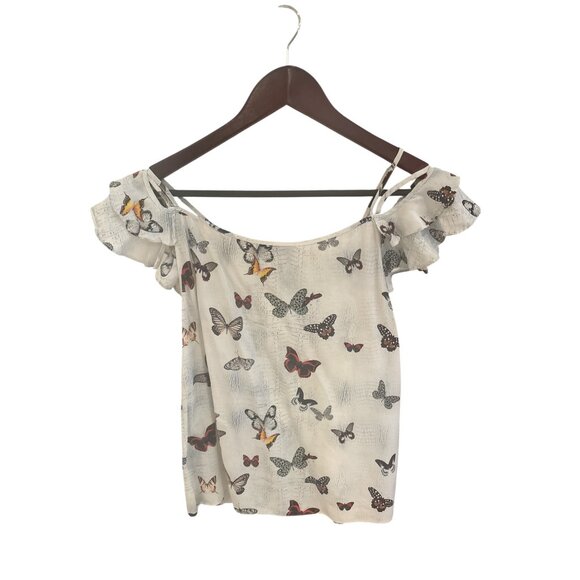 The Kooples Womens Off-Shoulder Butterfly Print Silk Top M - Lace-Up Front & Ruf - Picture 2 of 8